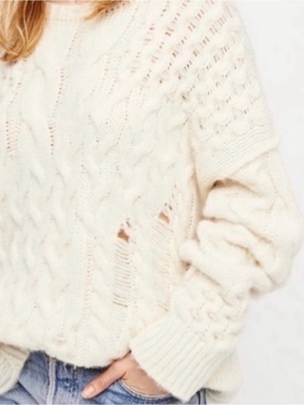 Free People Alpaca Cream Cable Knit Crewneck Sweater